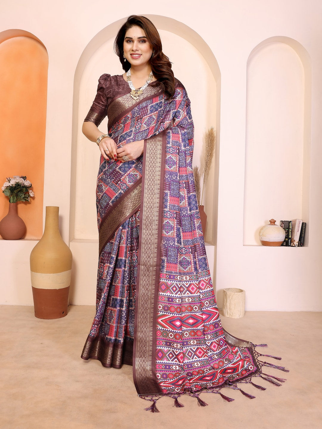 Peachmode Multicolor Cotton Silk Kalamkari Print Saree with Zari Border - Image 1