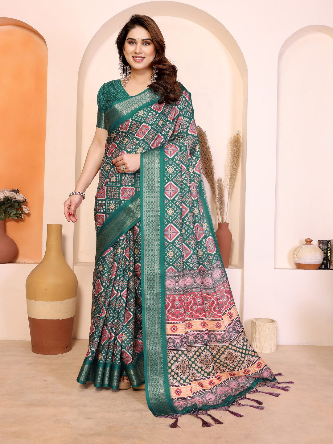 Peachmode Green Cotton Silk Kalamkari Print Saree with Zari Border - Image 1