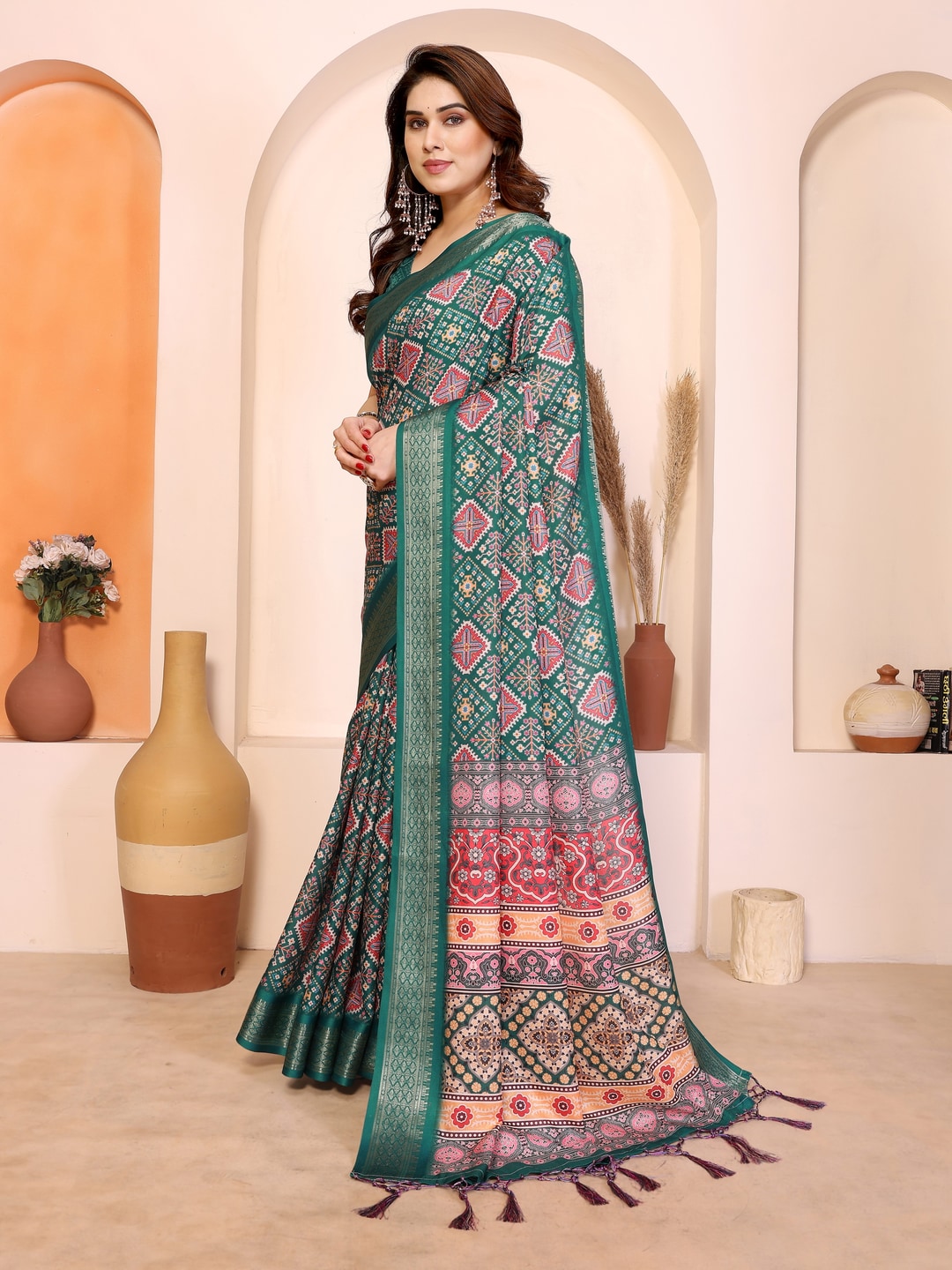 Peachmode Green Cotton Silk Kalamkari Print Saree with Zari Border - Image 2