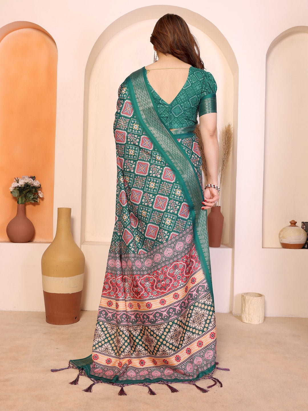 Peachmode Green Cotton Silk Kalamkari Print Saree with Zari Border - Image 3