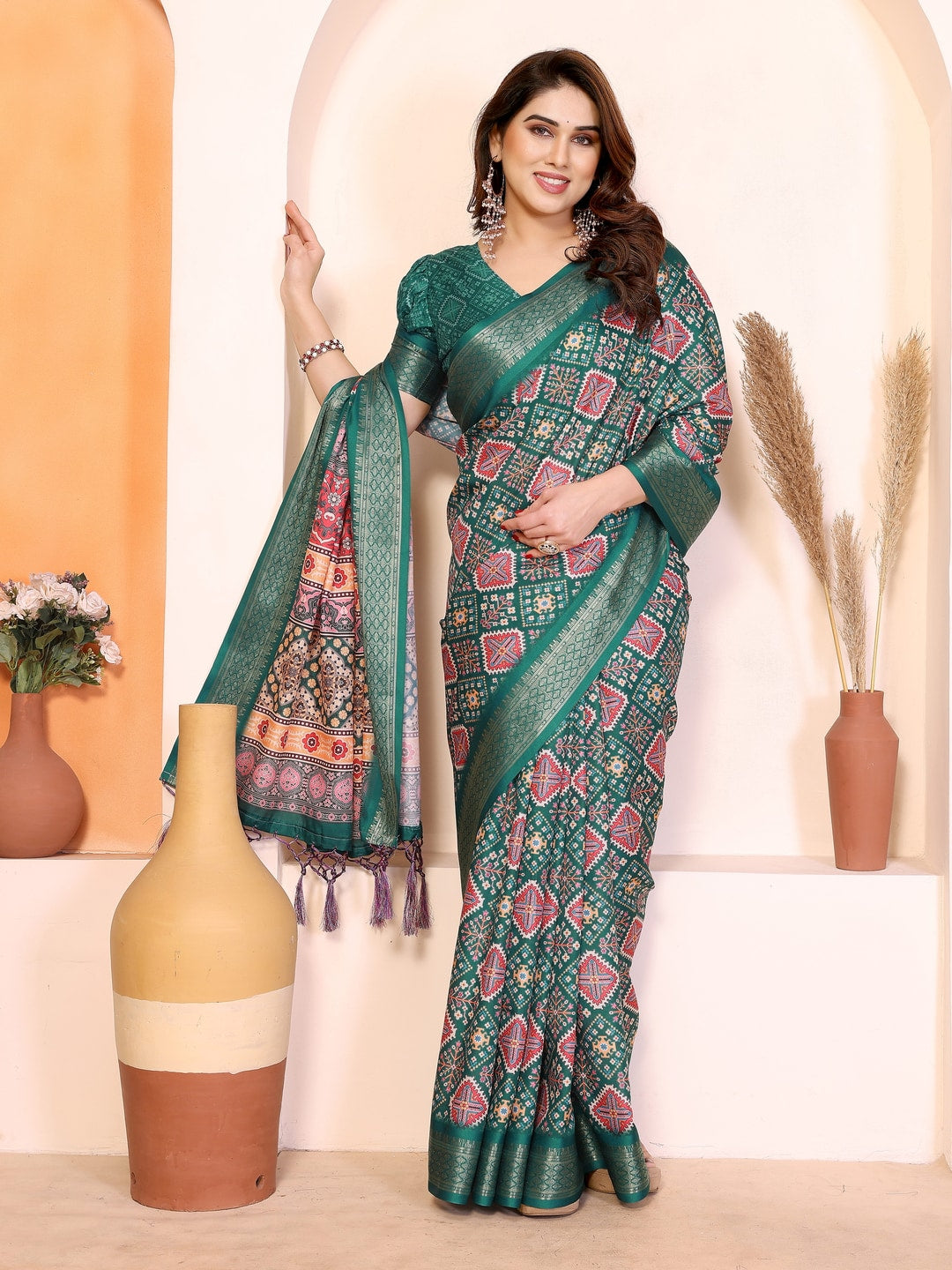 Peachmode Green Cotton Silk Kalamkari Print Saree with Zari Border - Image 4