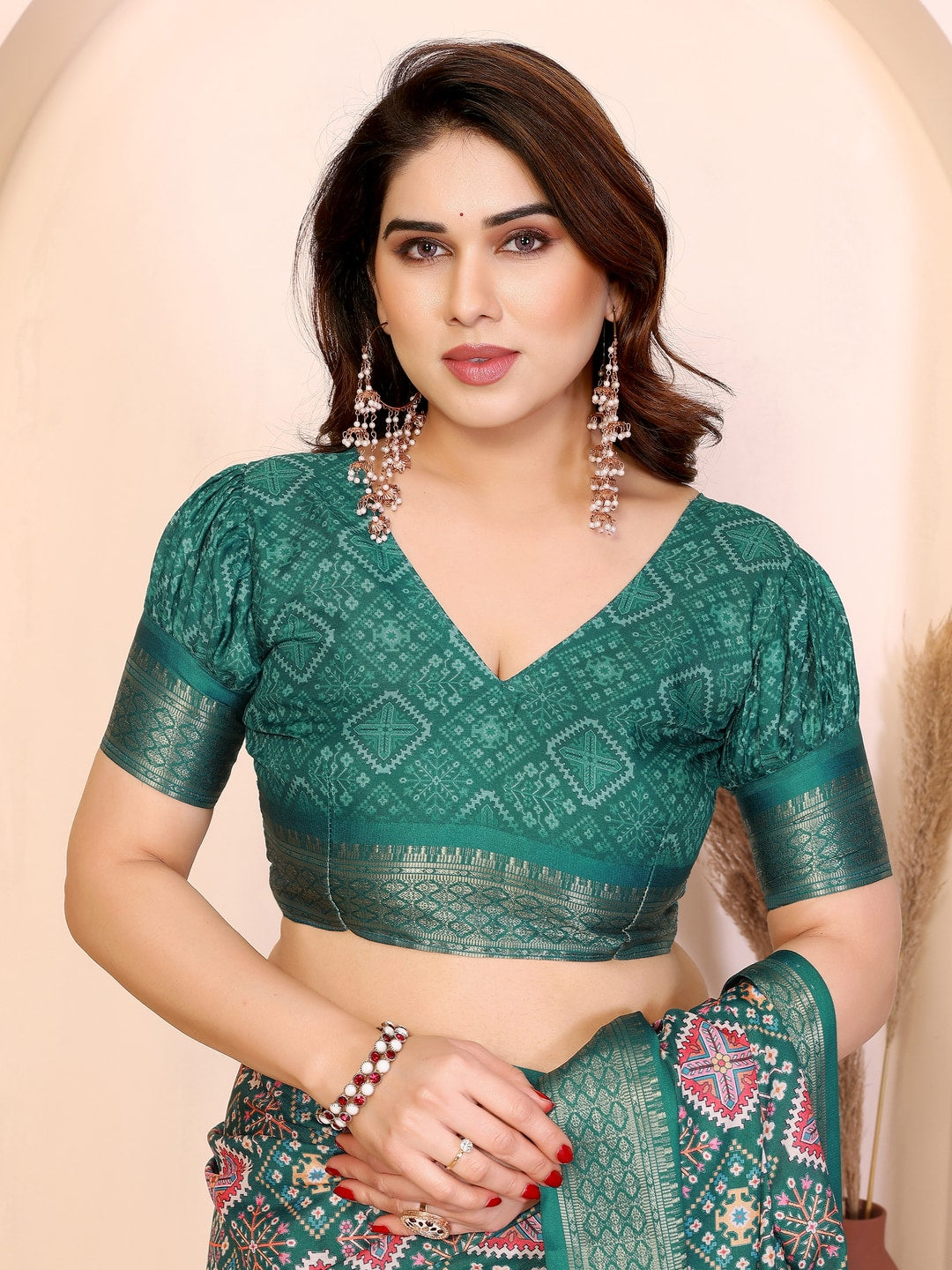 Peachmode Green Cotton Silk Kalamkari Print Saree with Zari Border - Image 6