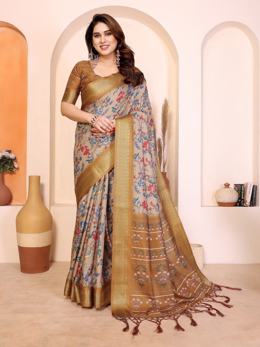 Peachmode Yellow Cotton Silk Kalamkari Print Saree with Zari Border - Image 1