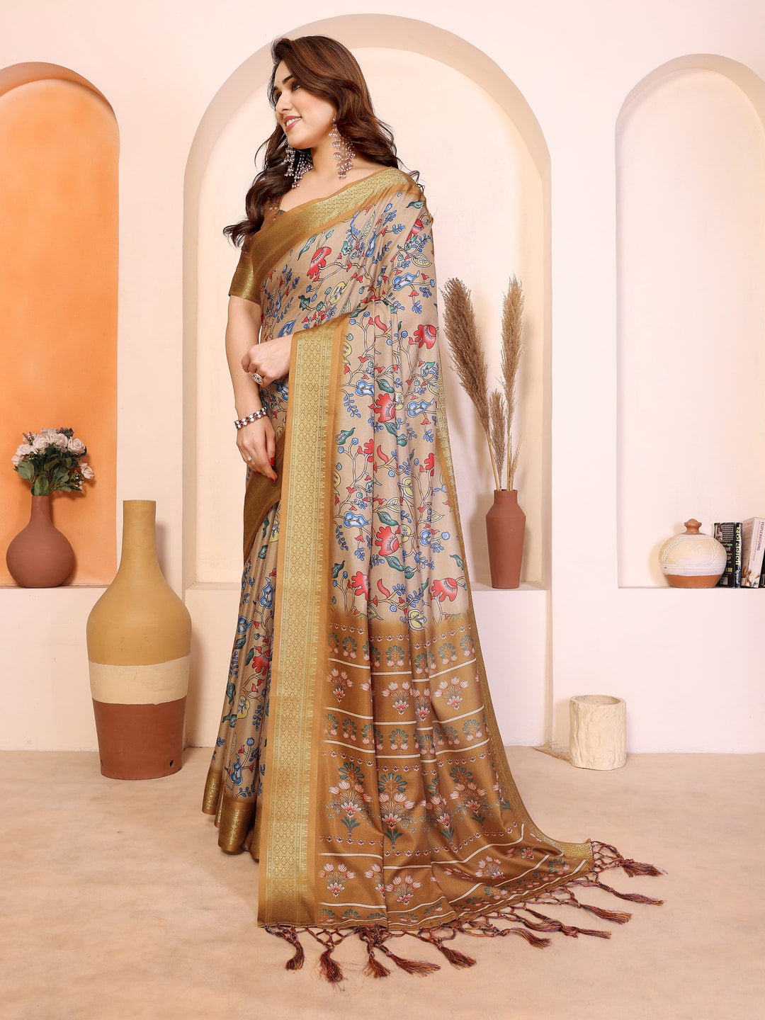 Peachmode Yellow Cotton Silk Kalamkari Print Saree with Zari Border - Image 2