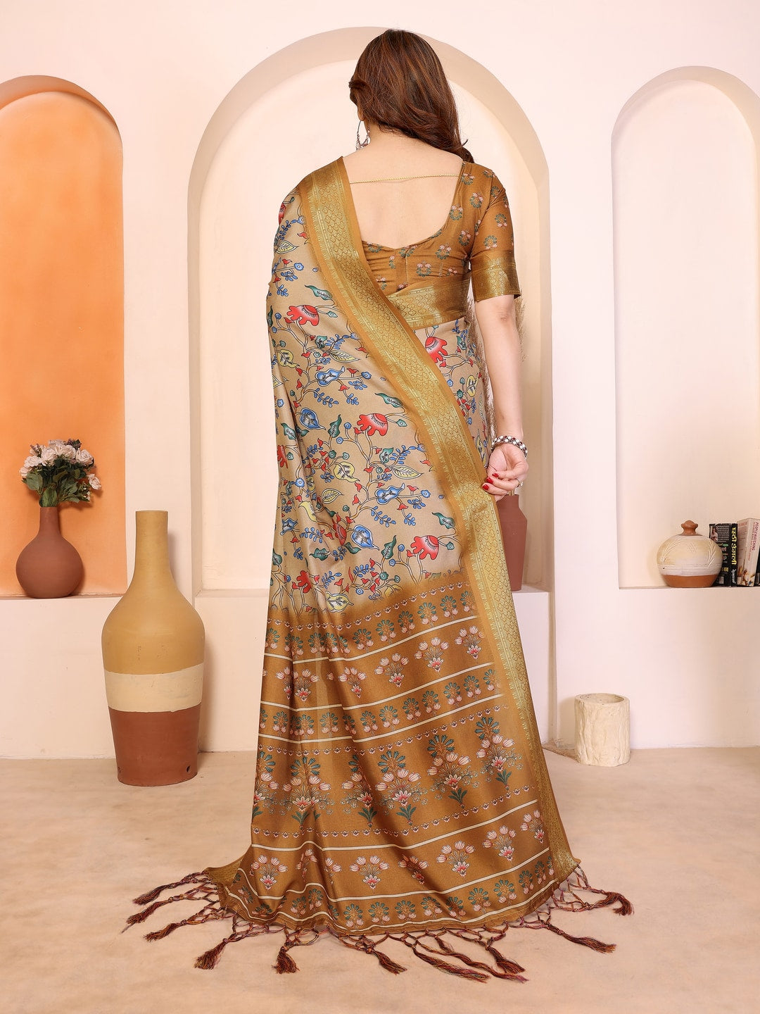 Peachmode Yellow Cotton Silk Kalamkari Print Saree with Zari Border - Image 3