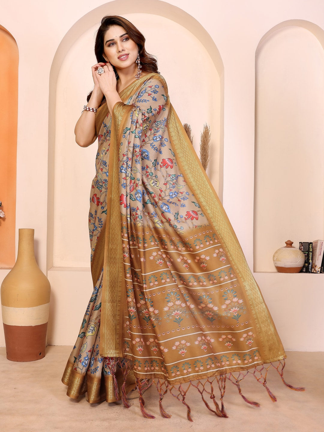 Peachmode Yellow Cotton Silk Kalamkari Print Saree with Zari Border - Image 4