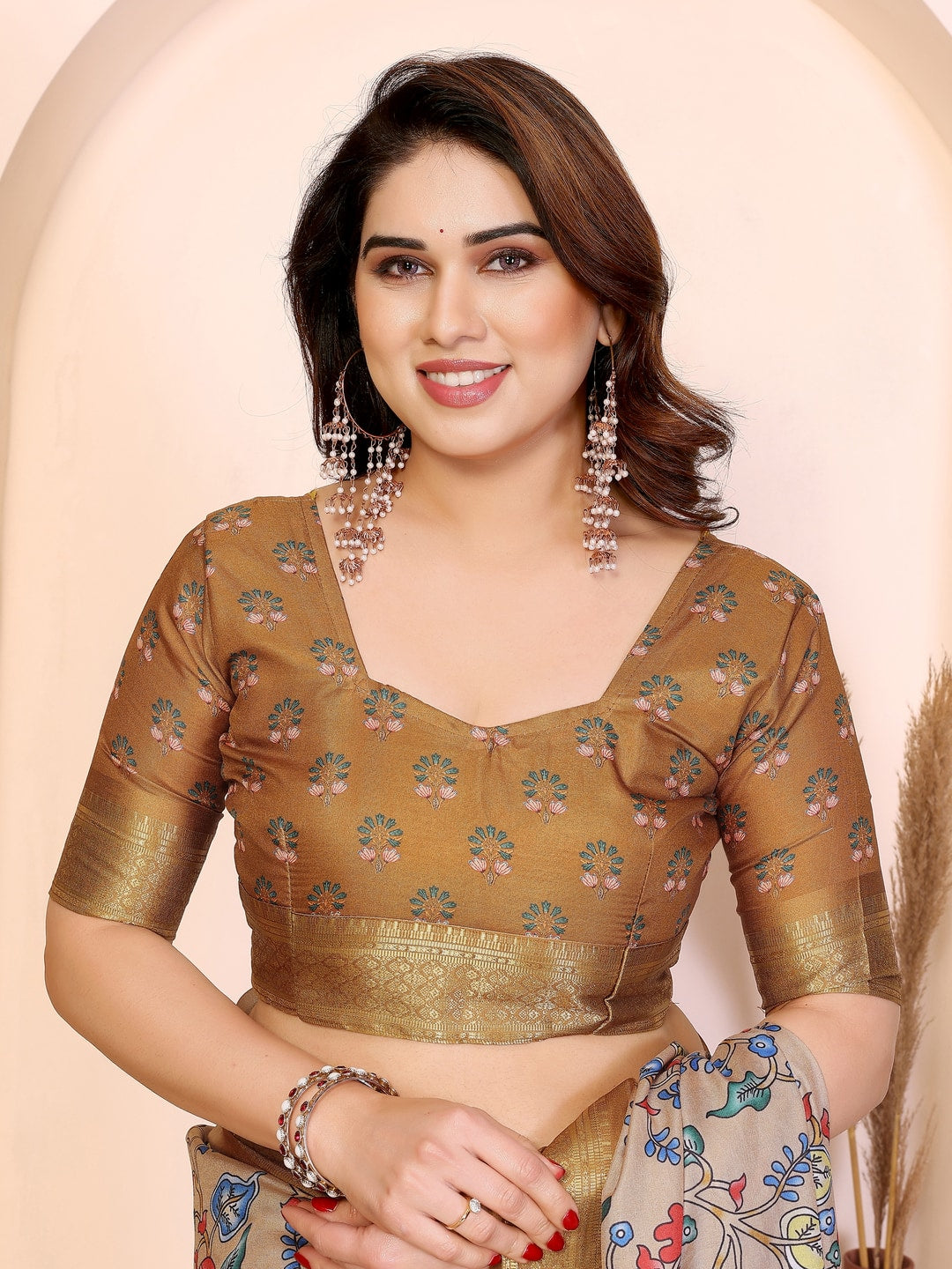 Peachmode Yellow Cotton Silk Kalamkari Print Saree with Zari Border - Image 6