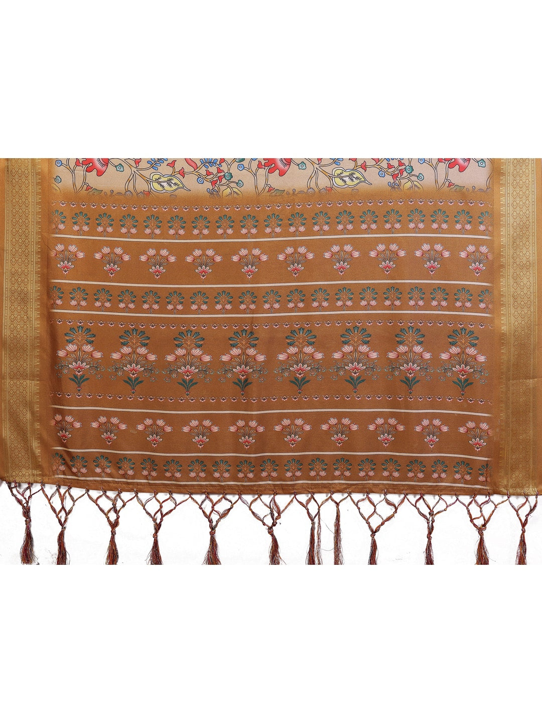 Peachmode Yellow Cotton Silk Kalamkari Print Saree with Zari Border - Image 7