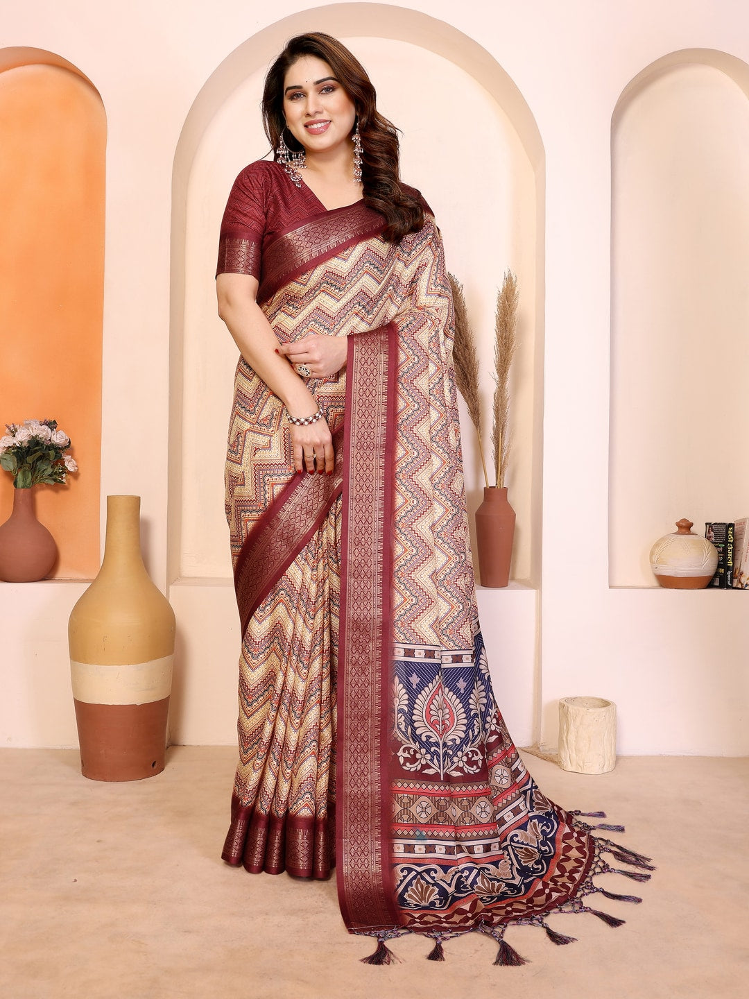 Peachmode Maroon Cotton Silk Kalamkari Print Saree with Zari Border - Image 1