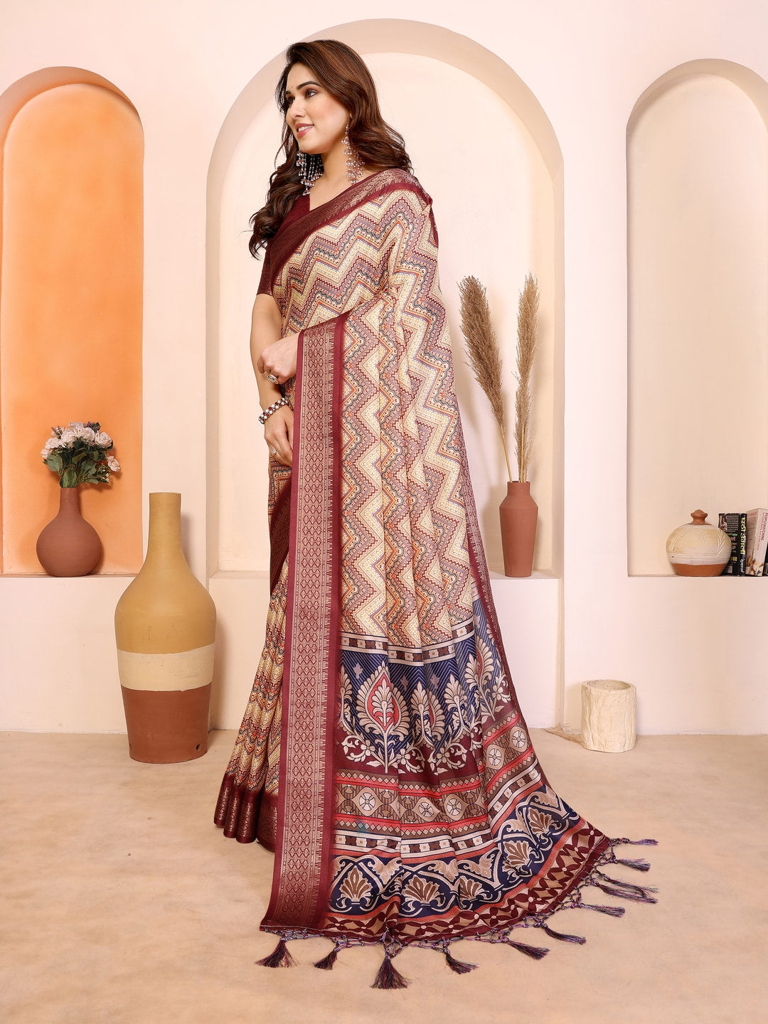 Peachmode Maroon Cotton Silk Kalamkari Print Saree with Zari Border - Image 2