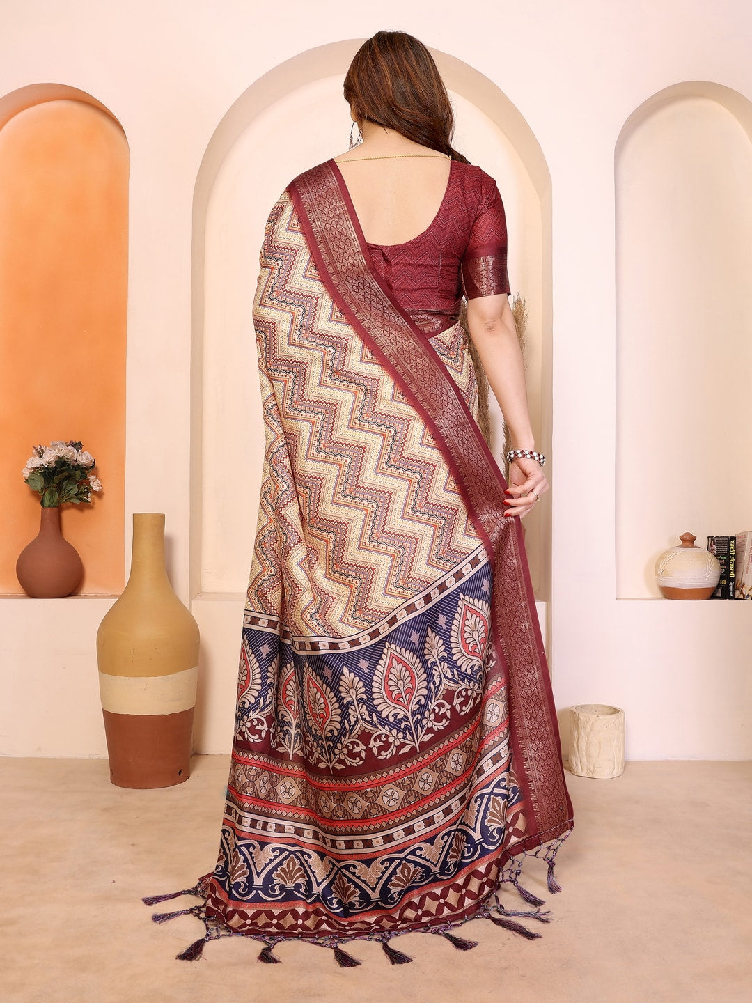 Peachmode Maroon Cotton Silk Kalamkari Print Saree with Zari Border - Image 3