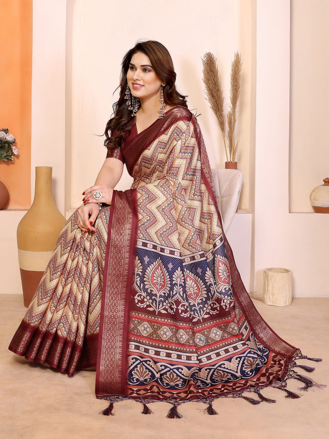 Peachmode Maroon Cotton Silk Kalamkari Print Saree with Zari Border - Image 4