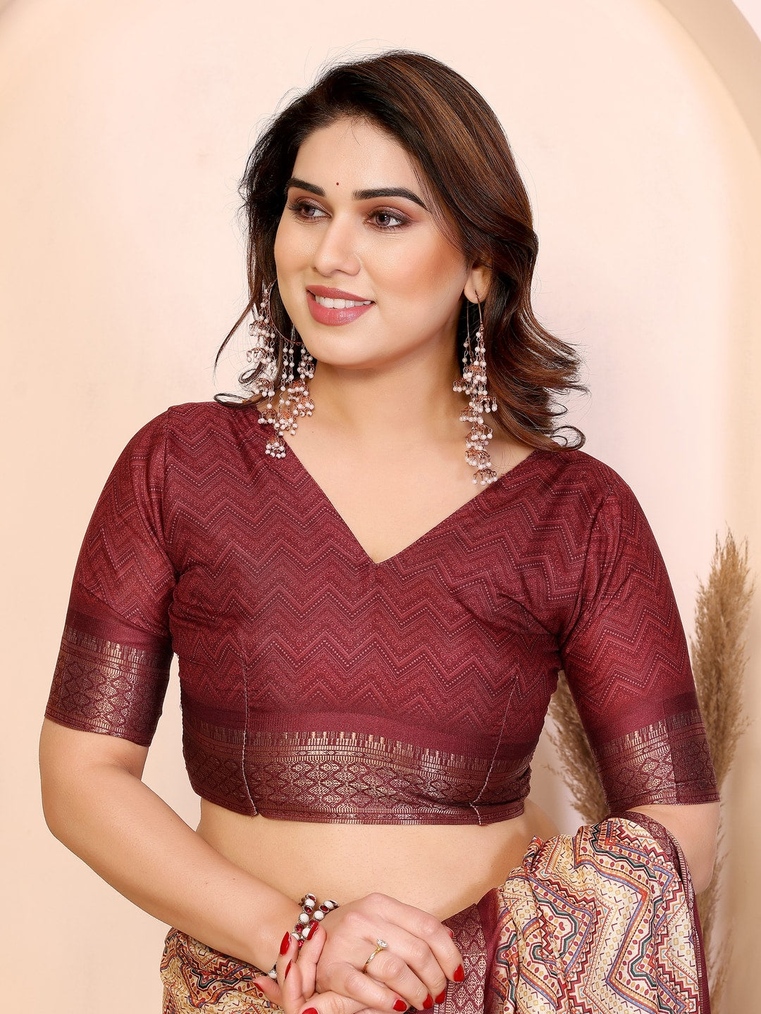 Peachmode Maroon Cotton Silk Kalamkari Print Saree with Zari Border - Image 6