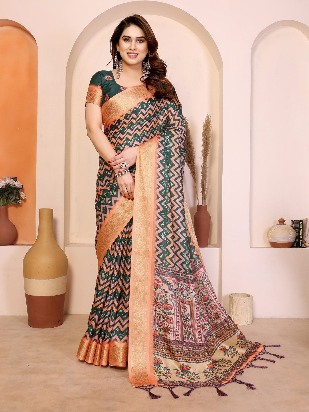 Peachmode Peach Cotton Silk Kalamkari Print Saree with Zari Border - Image 1