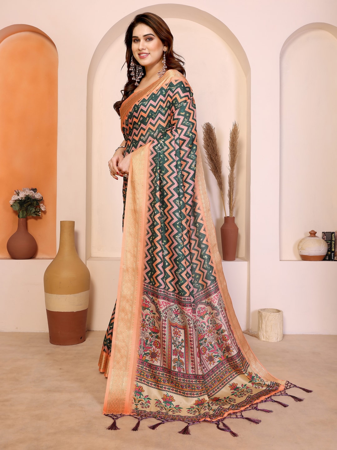 Peachmode Peach Cotton Silk Kalamkari Print Saree with Zari Border - Image 2