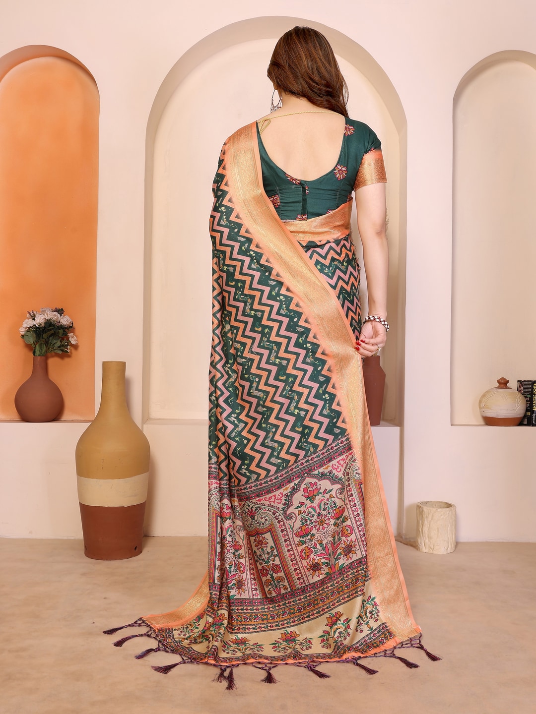 Peachmode Peach Cotton Silk Kalamkari Print Saree with Zari Border - Image 3