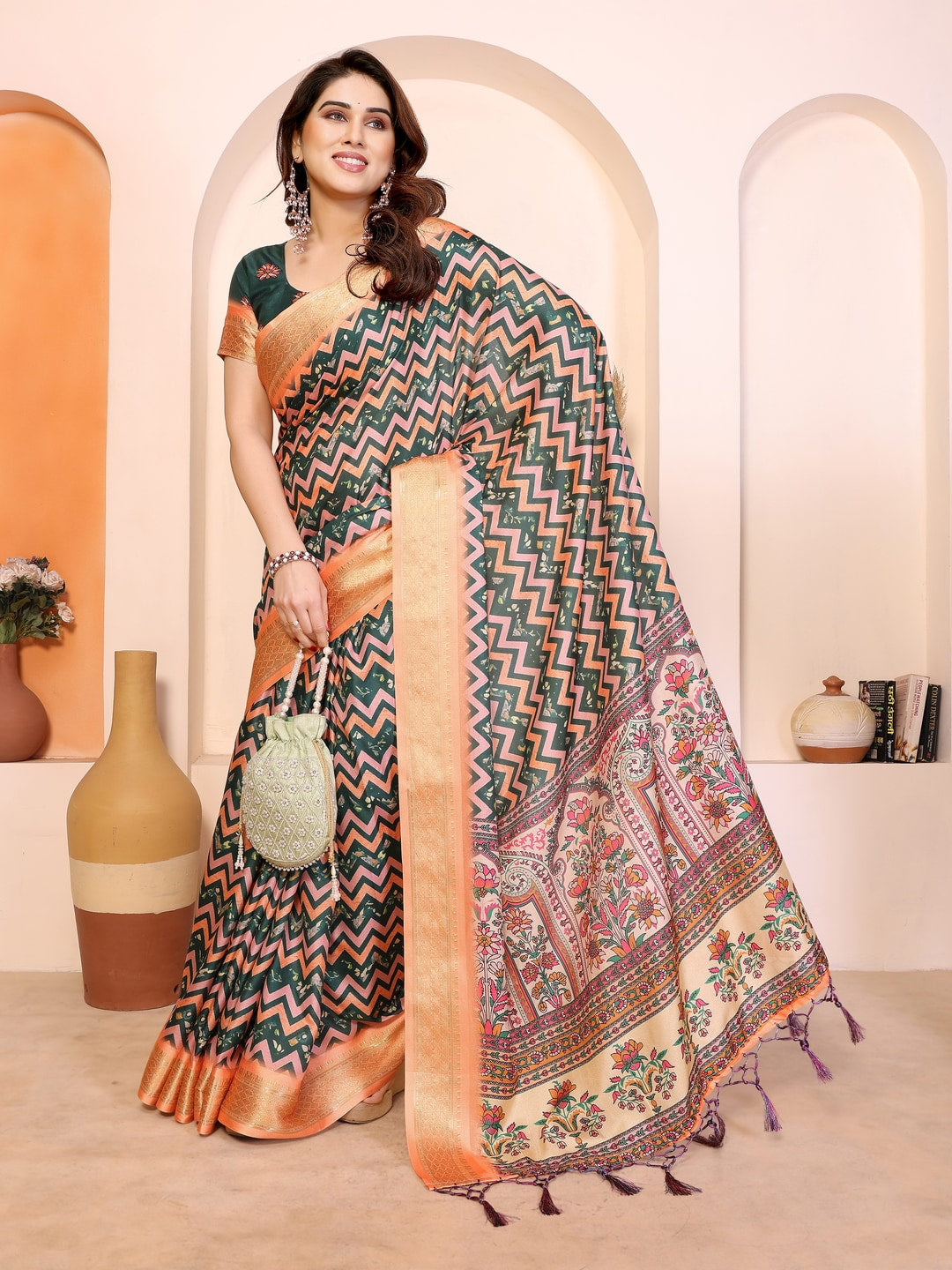 Peachmode Peach Cotton Silk Kalamkari Print Saree with Zari Border - Image 4
