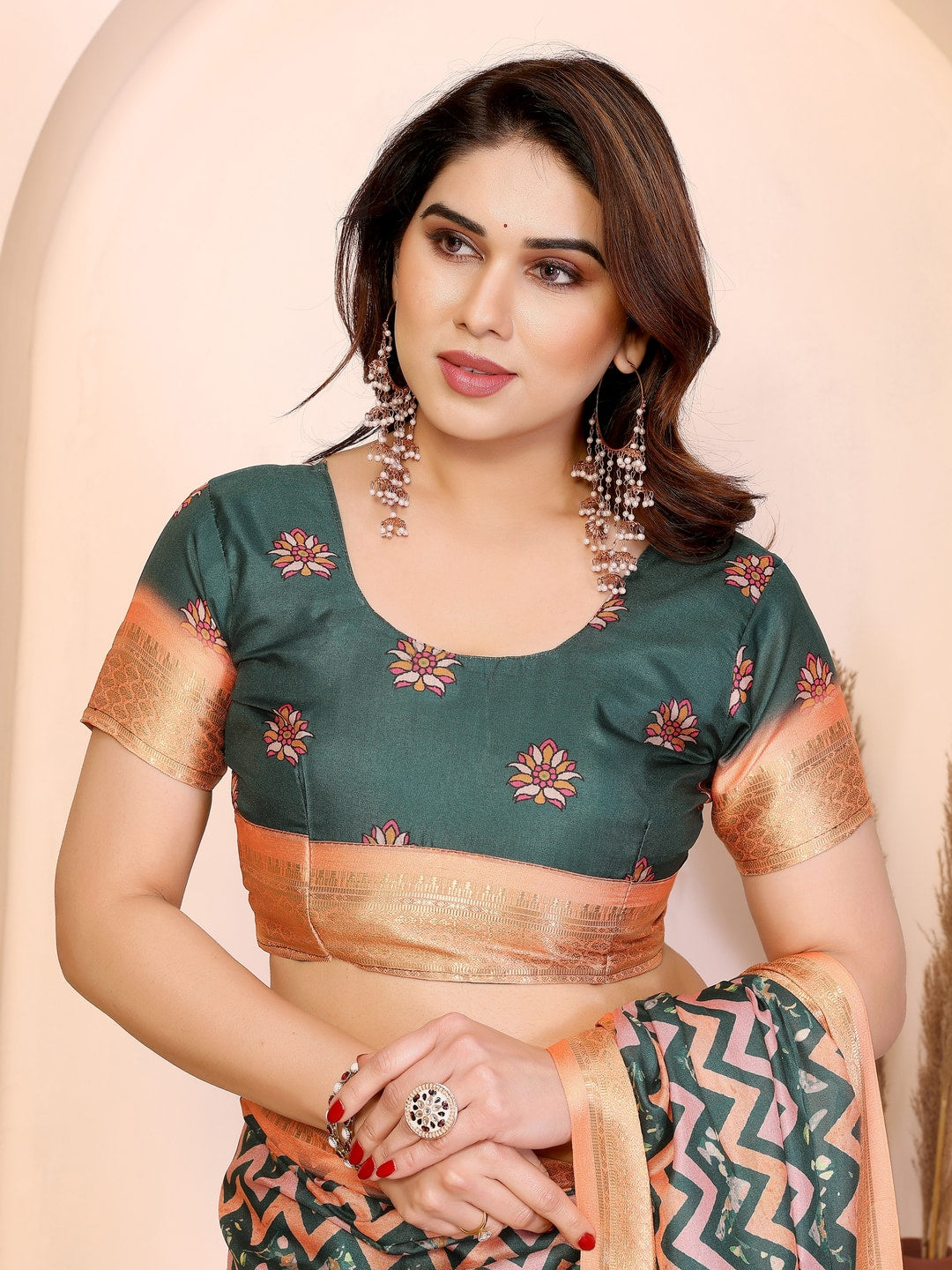 Peachmode Peach Cotton Silk Kalamkari Print Saree with Zari Border - Image 6