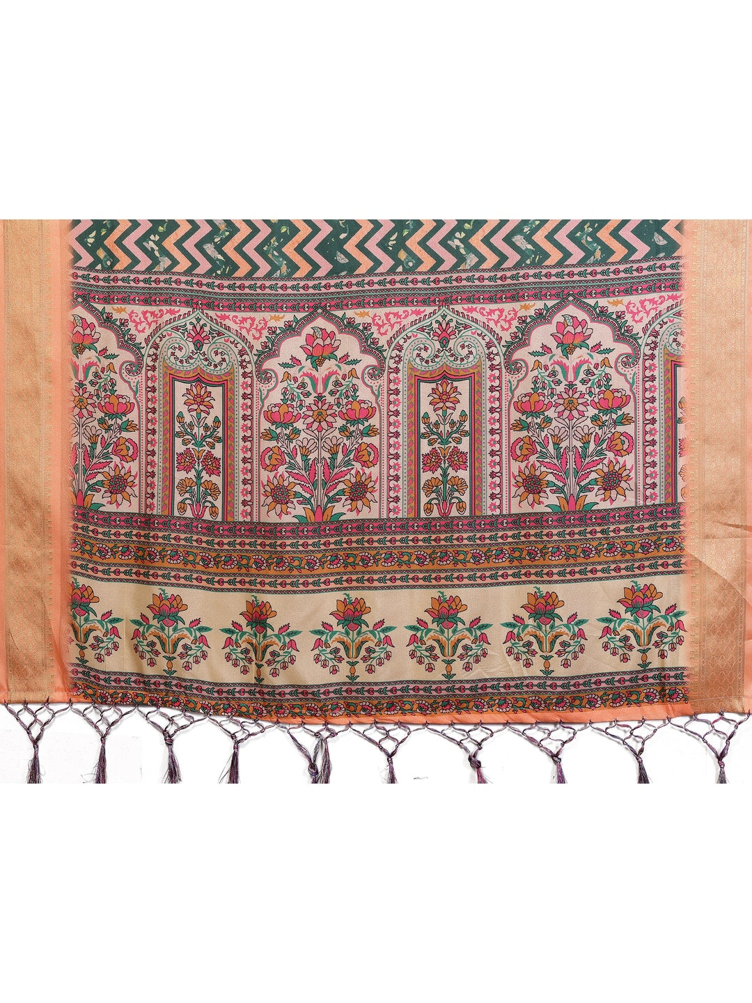 Peachmode Peach Cotton Silk Kalamkari Print Saree with Zari Border - Image 7