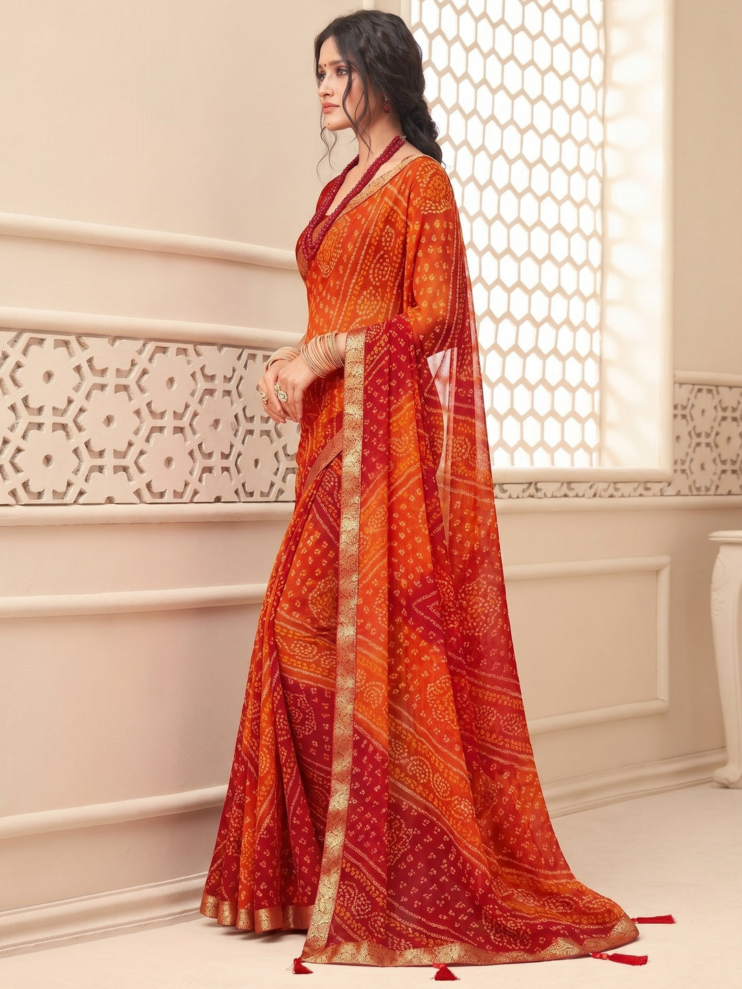 Red Bandhani Printed Chiffon Saree With Tassels - Image 1