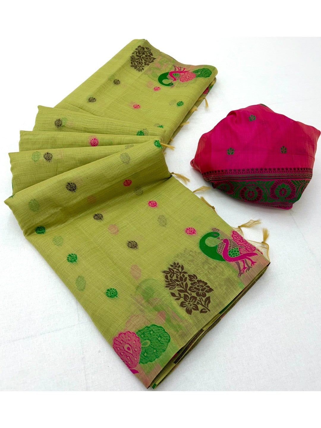 Elegant Green Cotton Blend Saree with Traditional Peacock Woven Motifs - Image 3