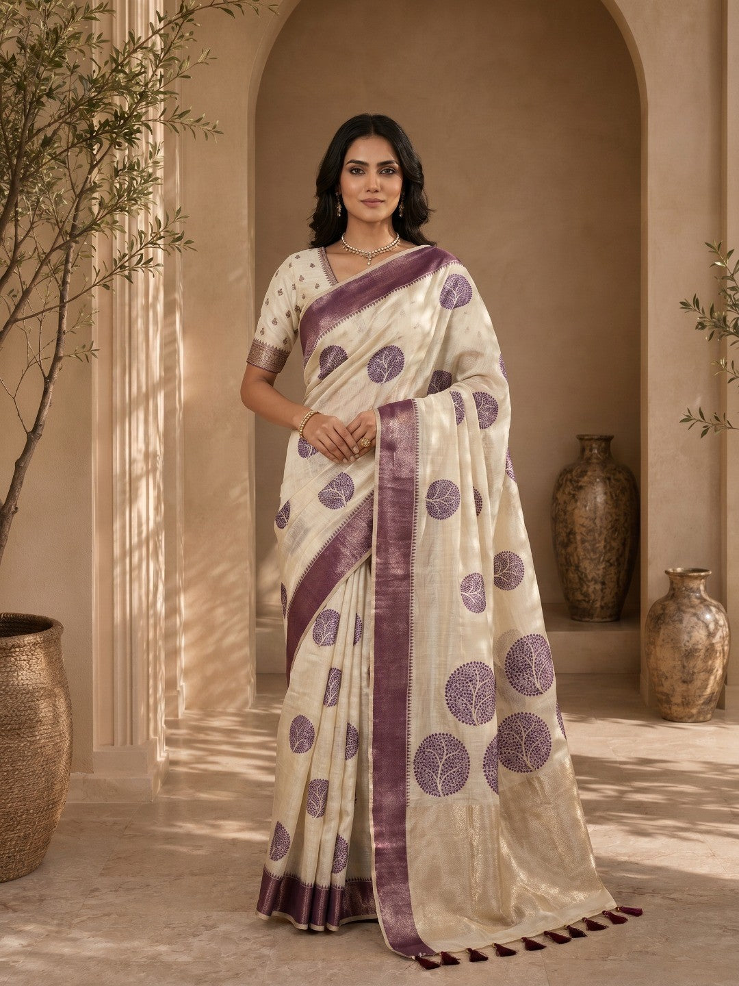 Beige & Purple Meenakari Crafted Soft Muga Cotton Saree Designed for Elegant Festive Styling - Image 4