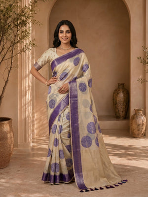 Beige & Blue Meenakari Crafted Soft Muga Cotton Saree Designed for Elegant Festive Styling - Image 1