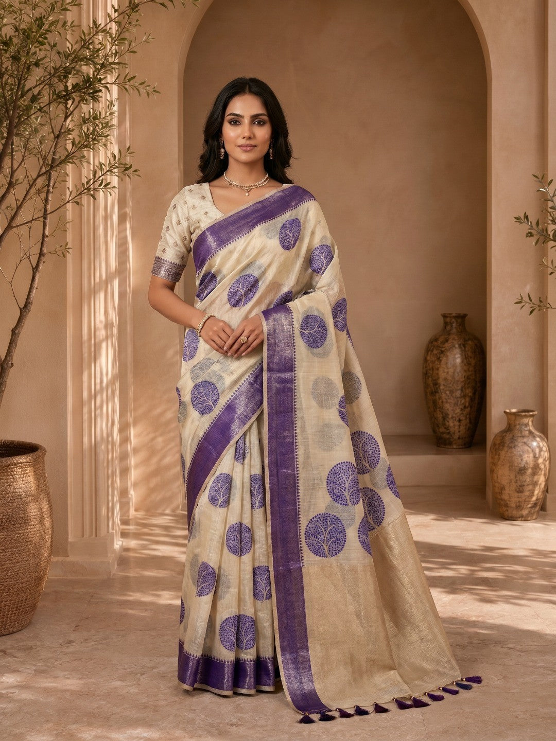 Beige & Blue Meenakari Crafted Soft Muga Cotton Saree Designed for Elegant Festive Styling - Image 4