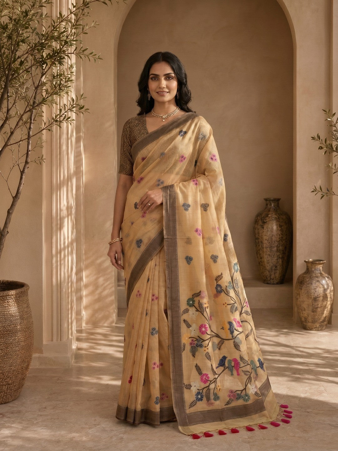Mustard Meenakari Weaving Soft Muga Cotton Saree Designed for a Graceful Ethnic Appeal - Image 1