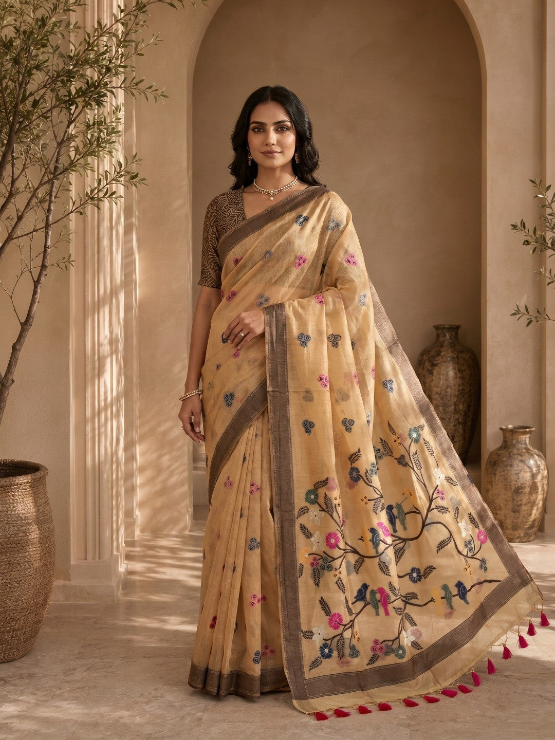 Mustard Meenakari Weaving Soft Muga Cotton Saree Designed for a Graceful Ethnic Appeal - Image 4