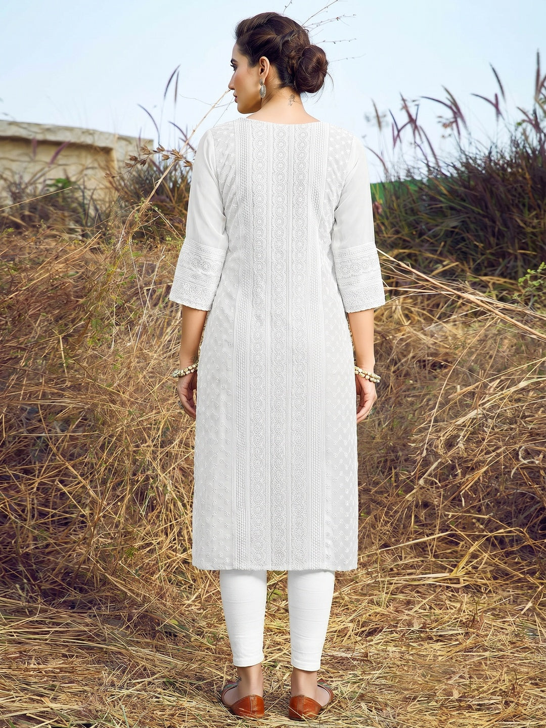 White Casual Wear Lucknowi Embroidered Georgette Kurti - Image 1