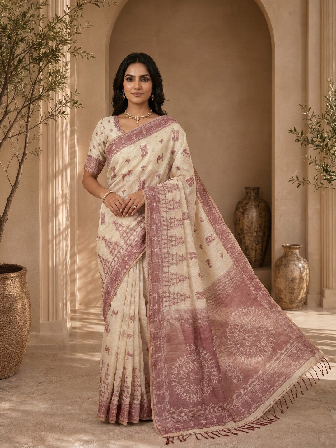 Beige & Wine Meenakari Crafted Soft Muga Cotton Saree Designed for Elegant Festive Styling - Image 1