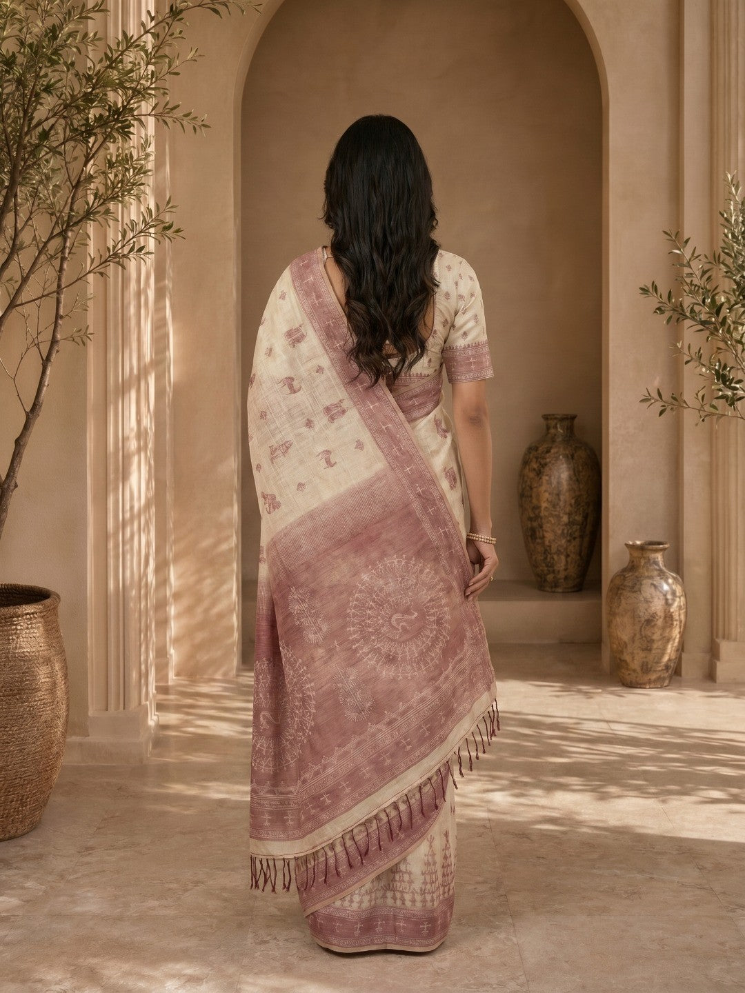 Beige & Wine Meenakari Crafted Soft Muga Cotton Saree Designed for Elegant Festive Styling - Image 2