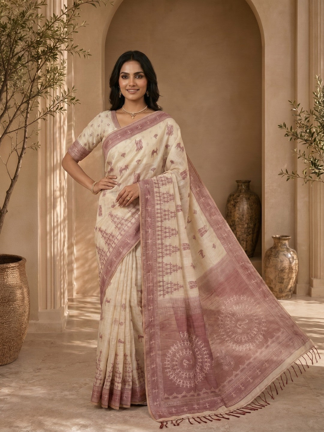 Beige & Wine Meenakari Crafted Soft Muga Cotton Saree Designed for Elegant Festive Styling - Image 4
