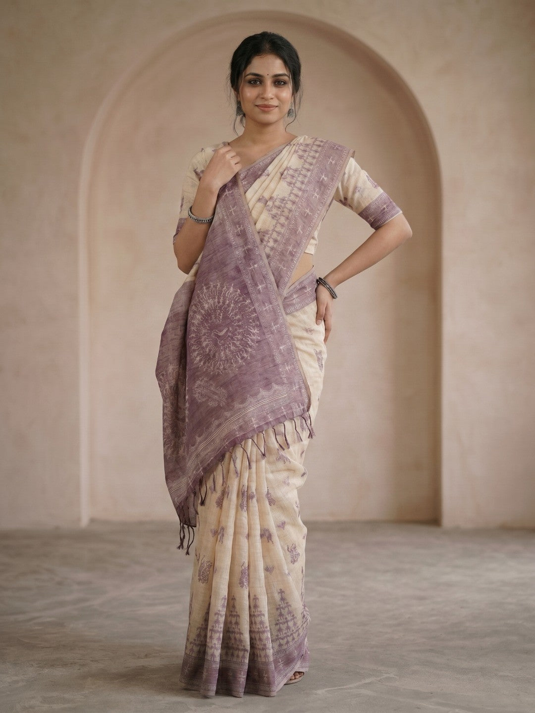 Beige & Purple Meenakari Crafted Soft Muga Cotton Saree Designed for Elegant Festive Style - Image 4