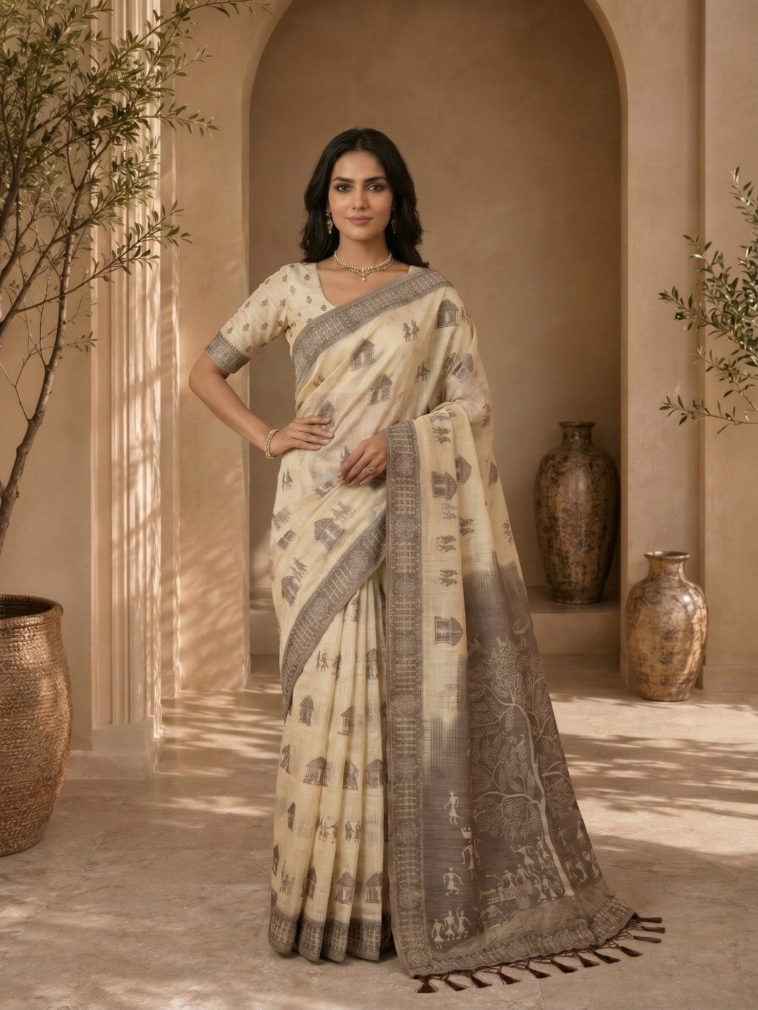 Beige Meenakari Weaving Soft Muga Cotton Saree Designed for Elegant Festive Wear - Image 1