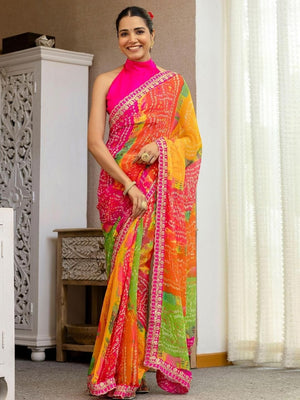 Multicolor Bandhani Printed Georgette Saree With Sequins Embroidered Border - Image 1