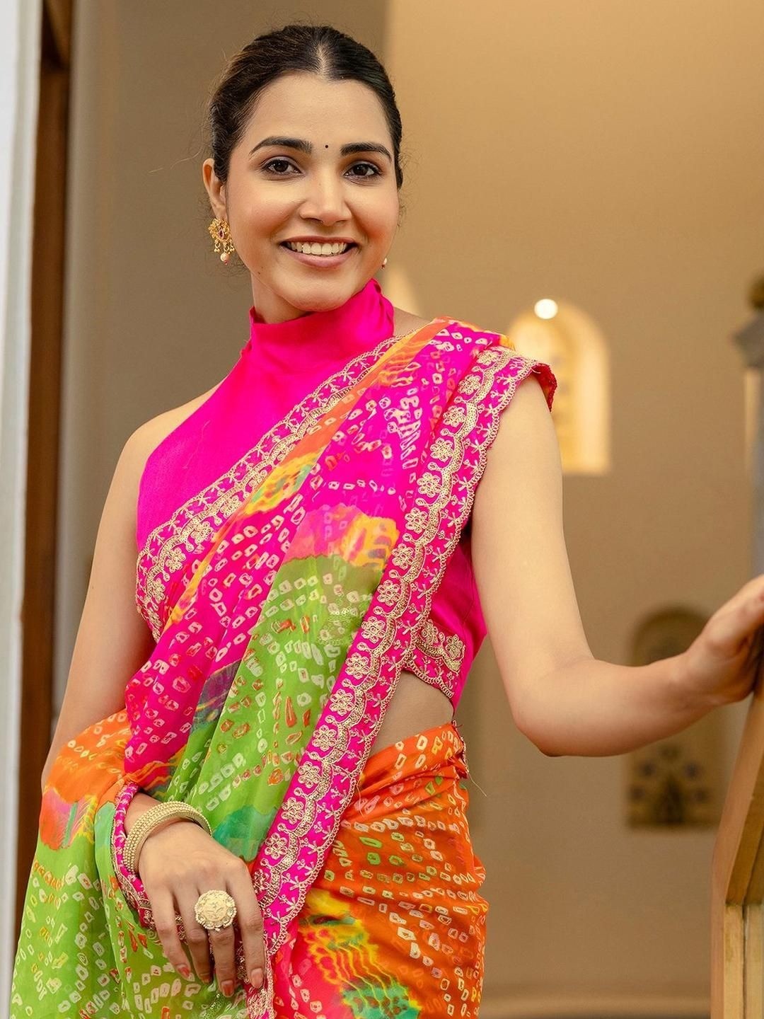 Multicolor Bandhani Printed Georgette Saree With Sequins Embroidered Border - Image 3