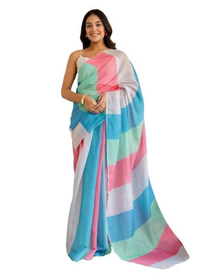 Multicolor Striped Printed Linen Saree - Image 1