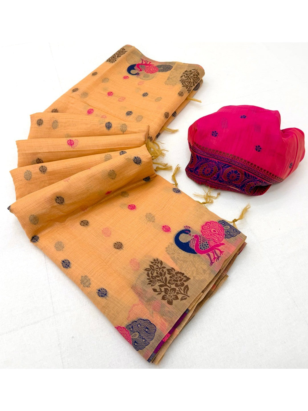 Elegant Orange Cotton Blend Saree with Traditional Peacock Woven Motifs - Image 2