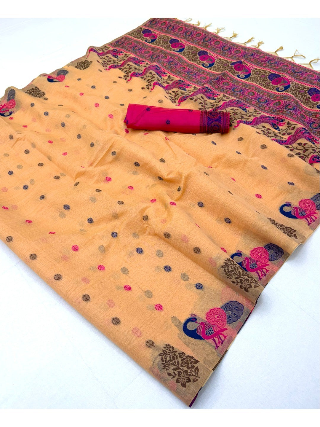 Elegant Orange Cotton Blend Saree with Traditional Peacock Woven Motifs - Image 3