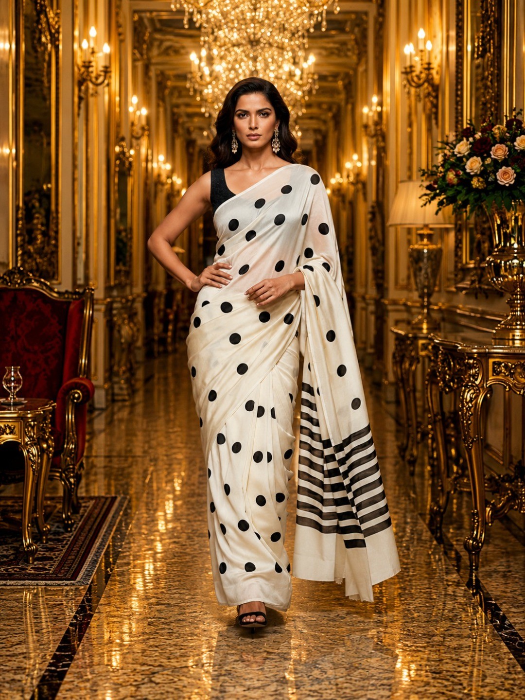Stylish White Polka Dot Printed Work Silk Crepe Saree With Contrast Striped Pallu - Image 1