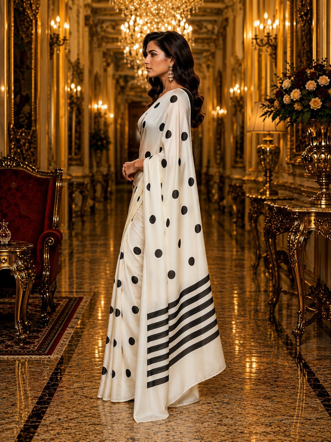 Stylish White Polka Dot Printed Work Silk Crepe Saree With Contrast Striped Pallu - Image 3