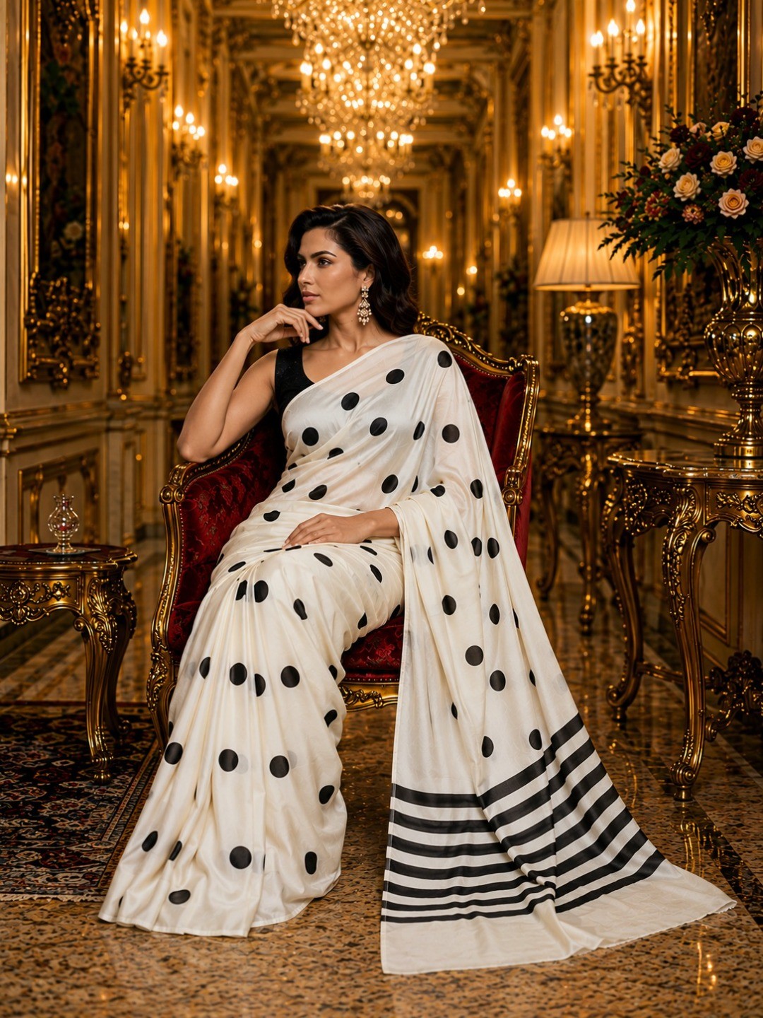 Stylish White Polka Dot Printed Work Silk Crepe Saree With Contrast Striped Pallu - Image 4