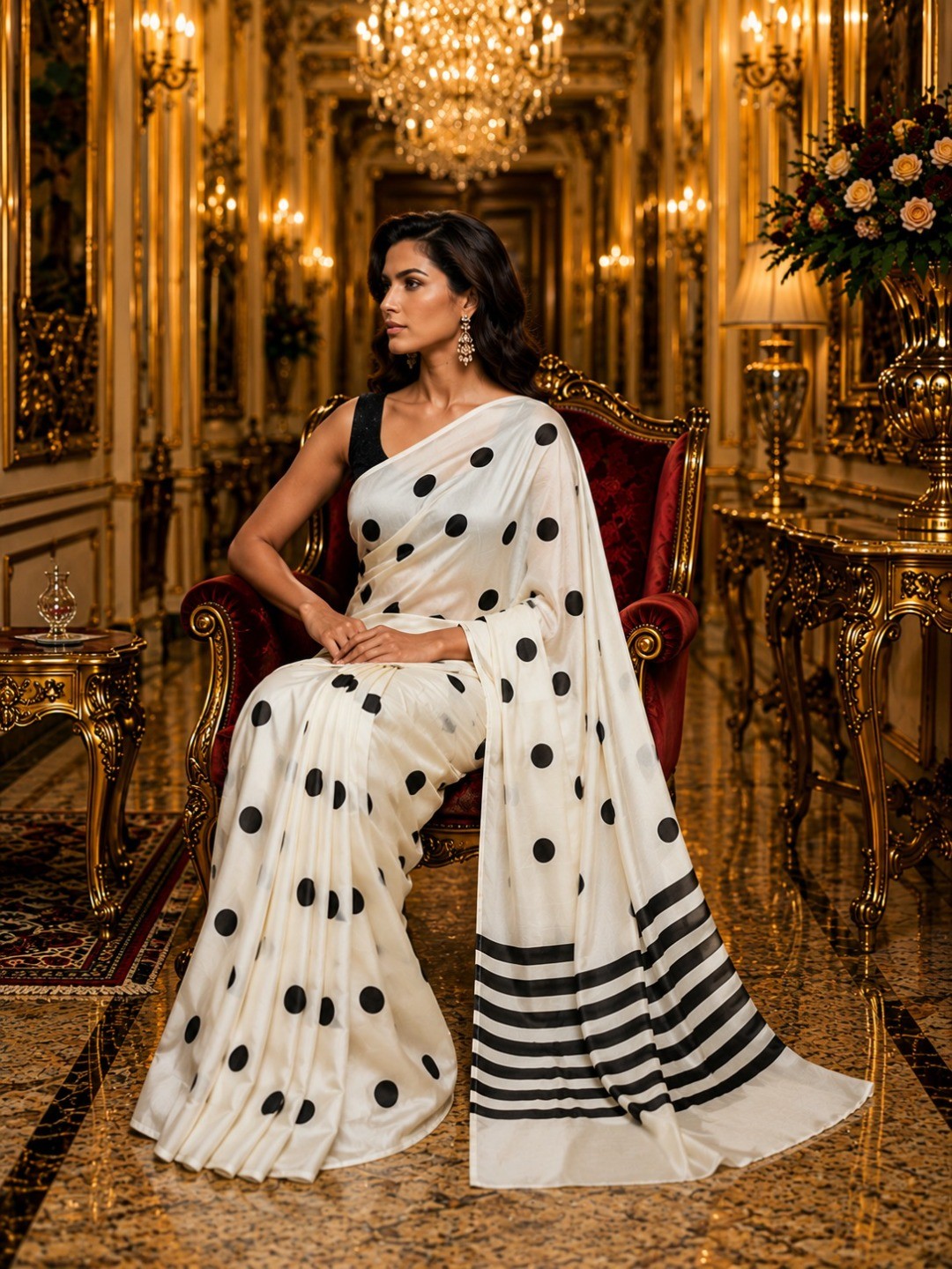 Stylish White Polka Dot Printed Work Silk Crepe Saree With Contrast Striped Pallu - Image 5