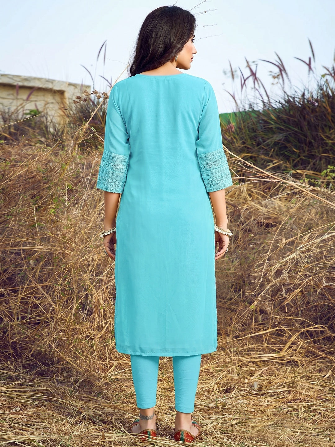 Blue Casual Wear Lucknowi Embroidered Georgette Kurti - Image 1