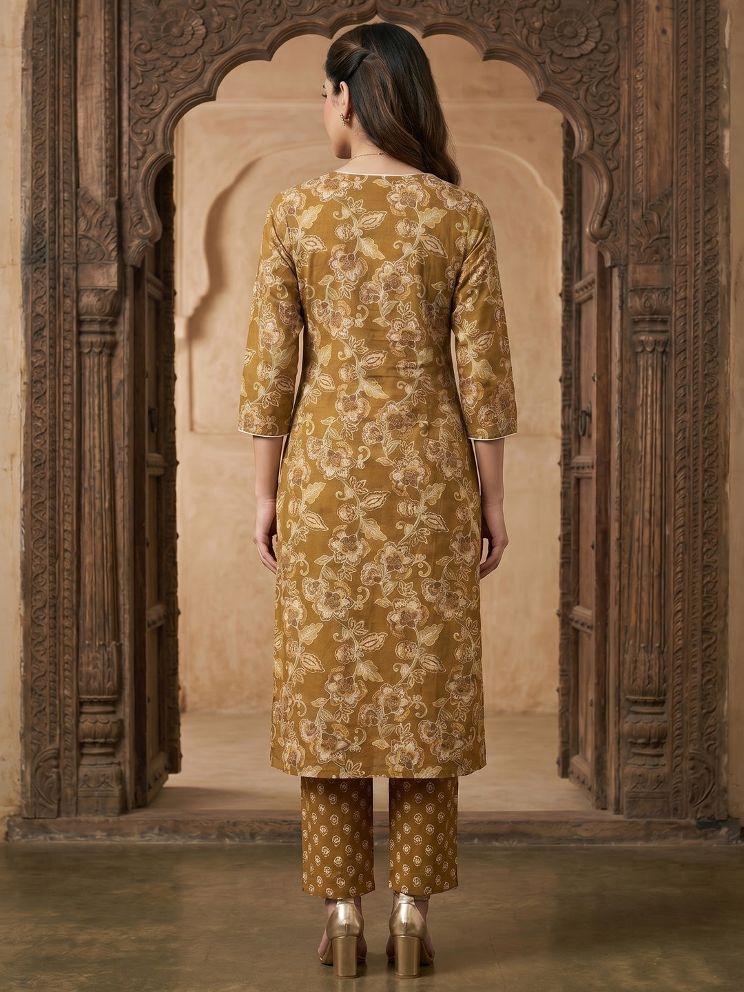 Mustard Floral Printed Pure Cotton Straight Kurta with Pants Set - Image 3