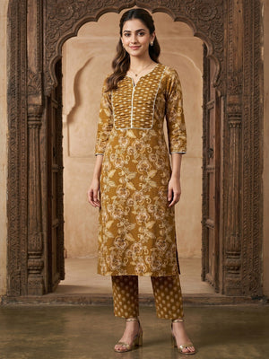 Mustard Floral Printed Pure Cotton Straight Kurta with Pants Set - Image 1