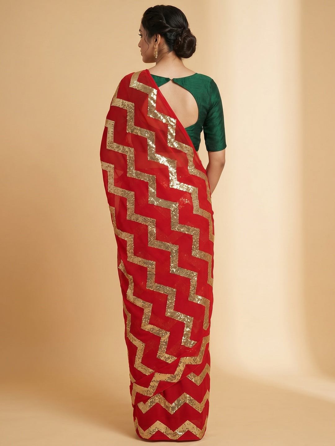 Red Sequins Embroidered Georgette Saree - Image 2