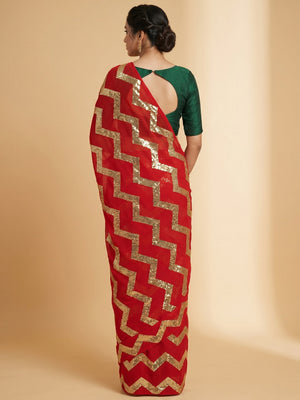 Red Sequins Embroidered Georgette Saree - Image 2